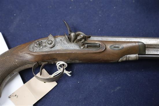 Gardner, Newcastle. A cased pair of early 19th century flintlock holster pistols, by Gardner, Newcastle, pistols 14in. (hammers broken